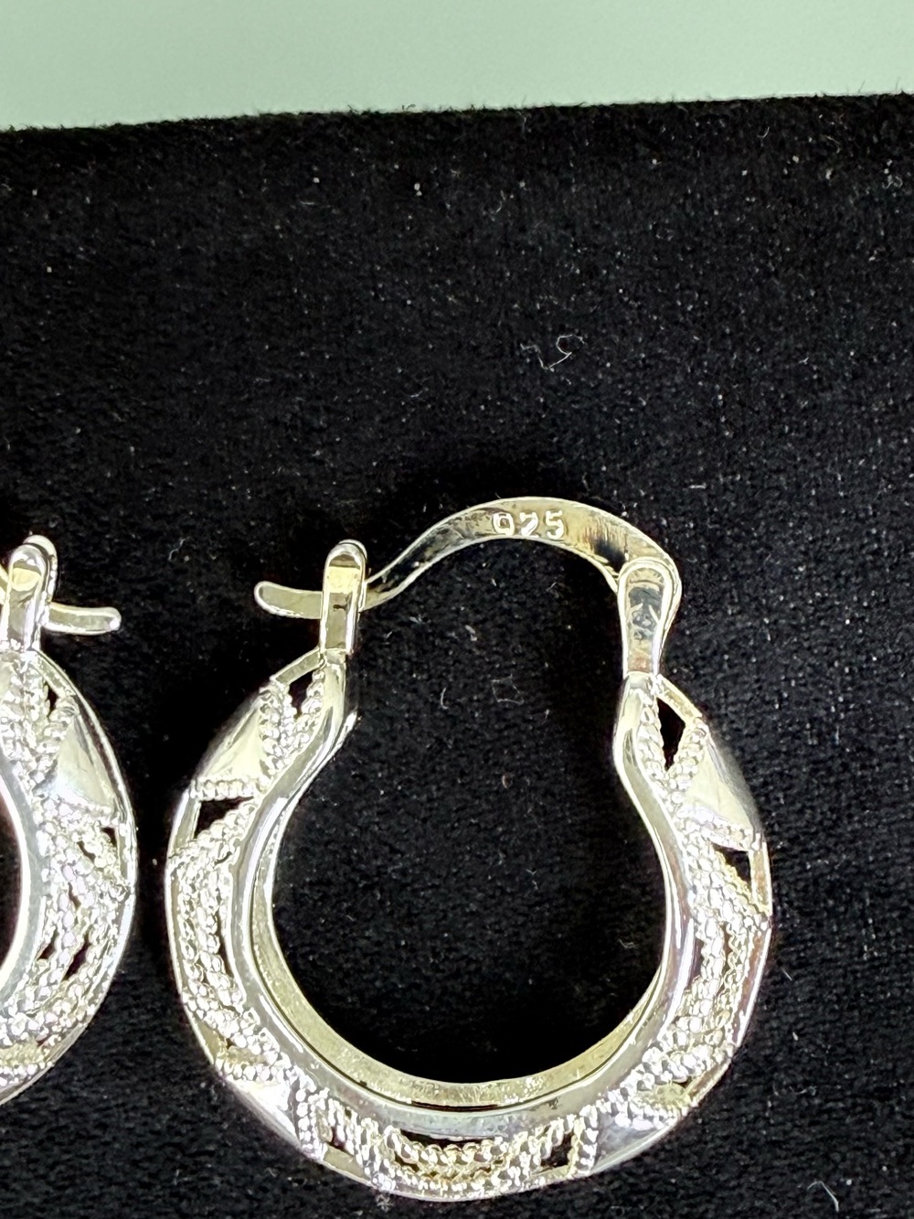 Sterling Silver Textured Hoop Earrings - Silver - Picture 2 of 2